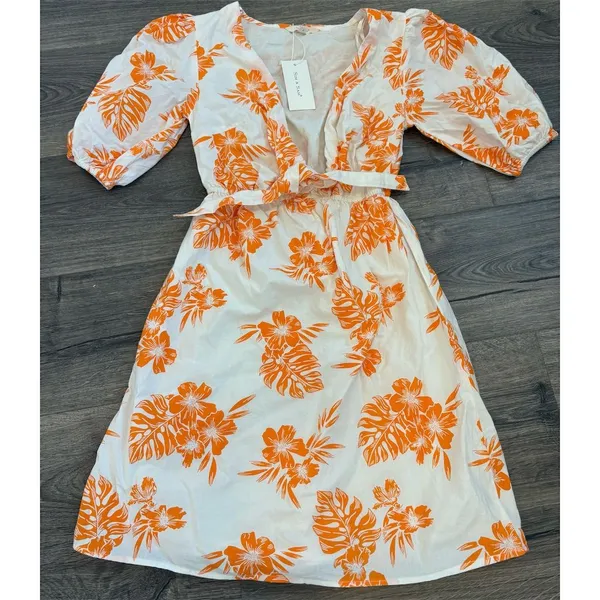 Women's Floral Orange Knee Length Dress Size XS V-Neck 3/4 Sleeve Casual‎ - Image 3