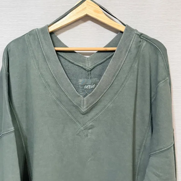 Aerie Women Oversized V-Neck Sweatshirt Olive Green Cotton Blend L - Image 4