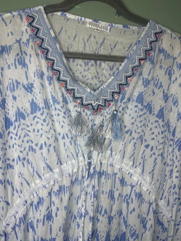Debbie Katz South Beach Womens M Boho Beach Cover Up Tunic Tie Fringe Hem Resort - Image 3
