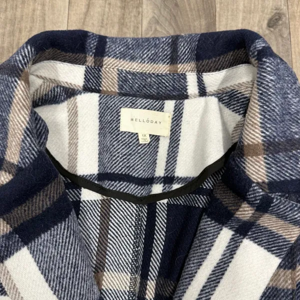 Melloday Blue Plaid Wool Blend Open Front Notch Lapel Coat XL NWOT - Image 3