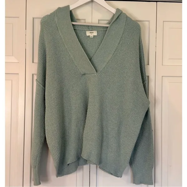Aerie mint waffle collared hooded sweater size small - Image 9
