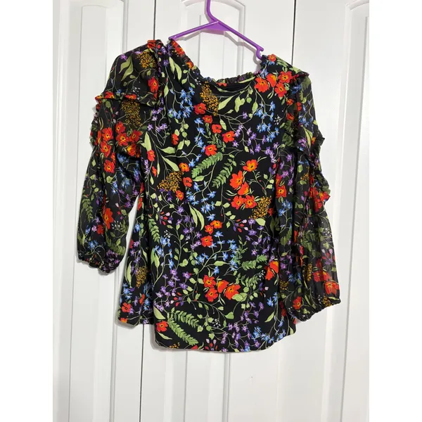 Maeve Anthropologie Blouse Floral Ruffle‎ Black Sheer Sleeve S Boho Cottagecore - Image 8
