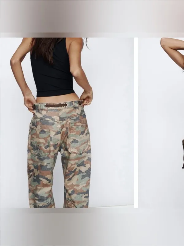 NWOT Free People We The Free Moxie Printed Low-Slung Barrel Jeans Green Camo 29 - Image 4
