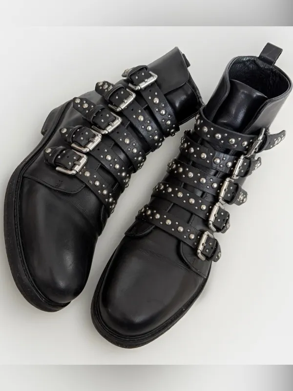 MAJE Leather Biker Boots EU 37: US 6.5 UK 4 Black Studded Buckle Straps Womens - Image 2