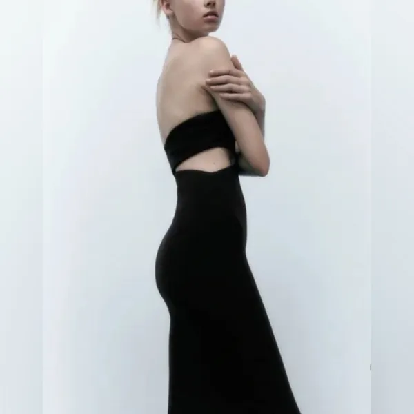 Zara Cutout Dress‎ | Black Strapless | Sz Medium | Midi - Image 4