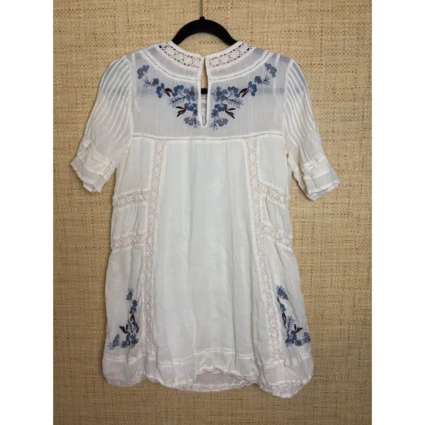 Free People Ivory Embroidered Cotton Gauze‎ Boho Mini Dress Crochet Lace XS - Image 6