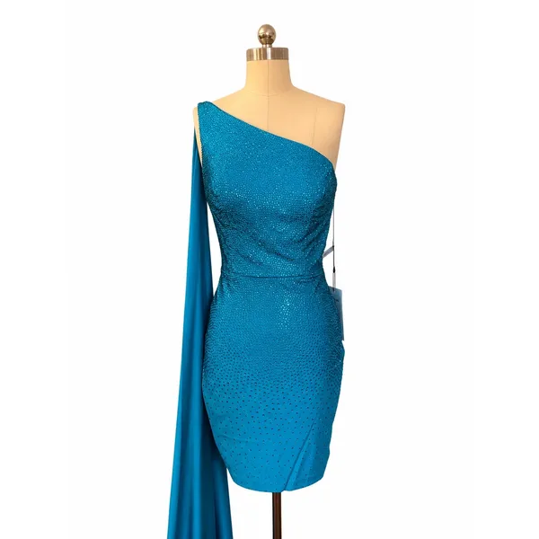 Sherri Hill 54858 Peacock One Shoulder Rhinestone Jersey Mini Dress Cape Sz 8 - Image 5
