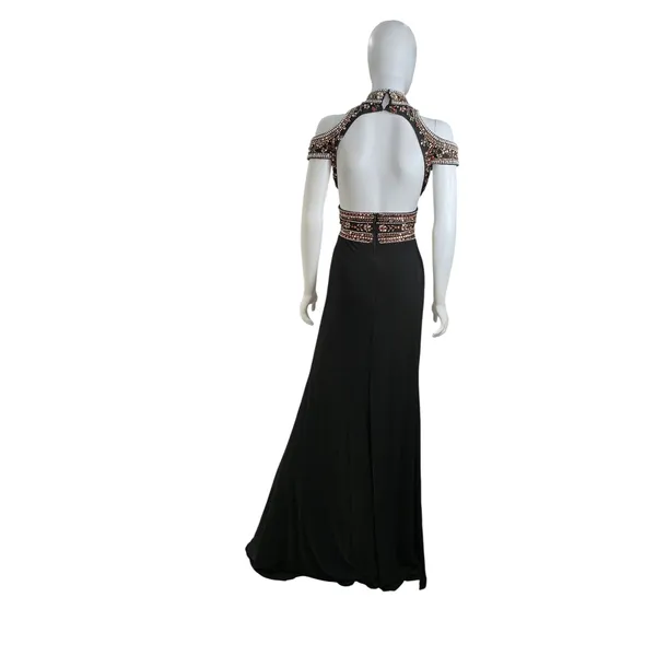 Mac Duggal Womens Black Beaded Cold Shoulder Open Back Evening Gown‎ Size 0 - Image 6