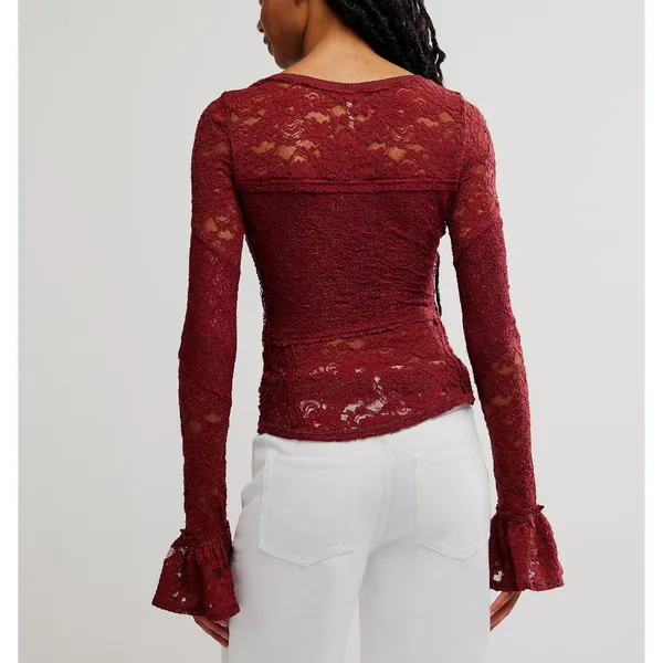 NWT Free People Burgundy Lace Long Sleeve Top M - Image 12