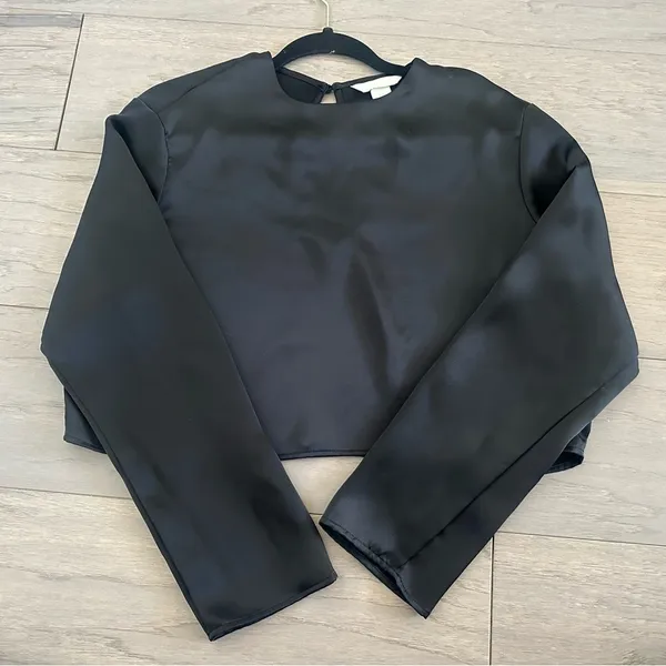 H&M Black Satin Long Sleeve Cropped Blouse - Image 2