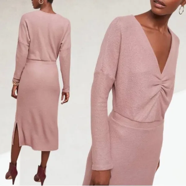Anthropologie Eri+Ali Pink Knit V-neck Midi Long Sleeve Boho Sweater Dress Sz M - Image 9