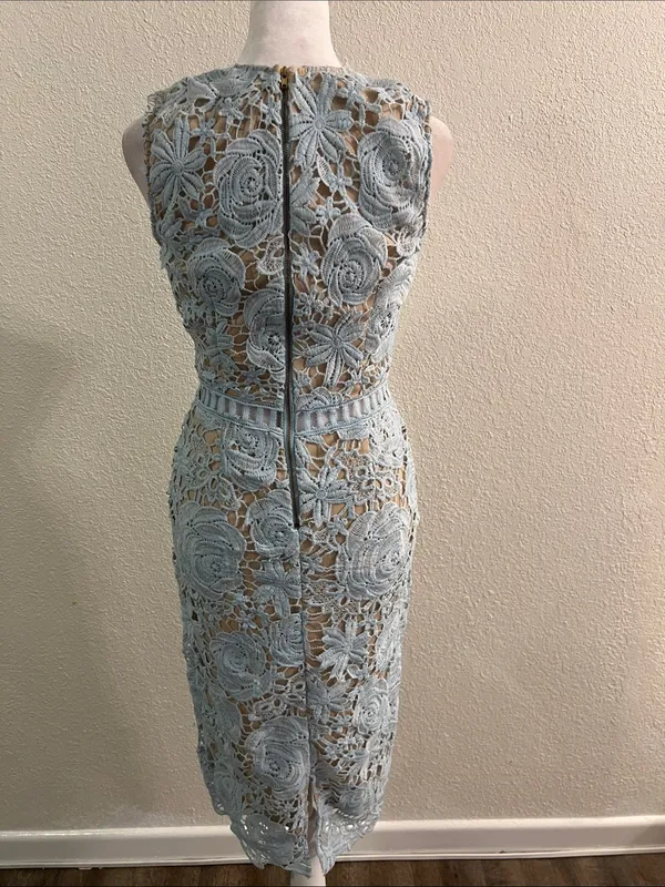 Aqua Light Blue Floral Lace Midi Dress - Image 4