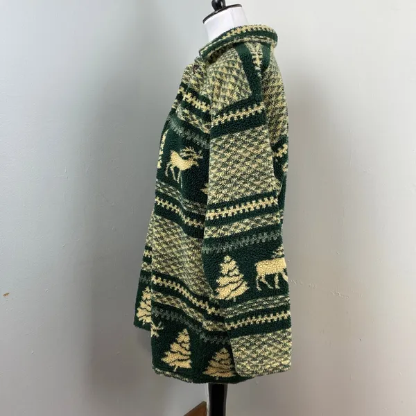 Vintage 90s Womens Fair Isle Moose Christmas Fleece Shirt Jacket Shacket Medium - Image 6