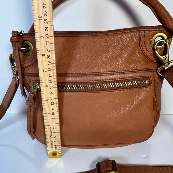 Fossil Cognac Brown Pebbled Leather Convertible Crossbody Bag Antique Brass‎ Zip - Image 6