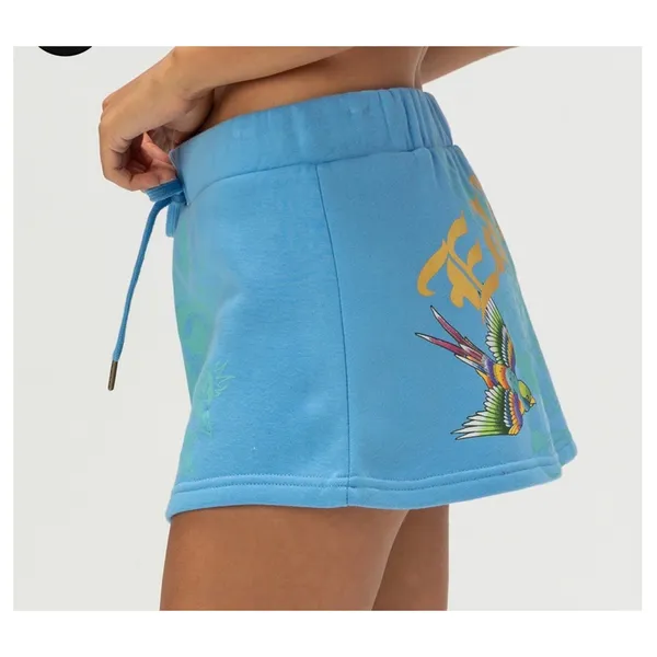 Ed Hardy Blue Tattoo Graphic Sweat Mini Skirt Y2K Drawstring - Image 3