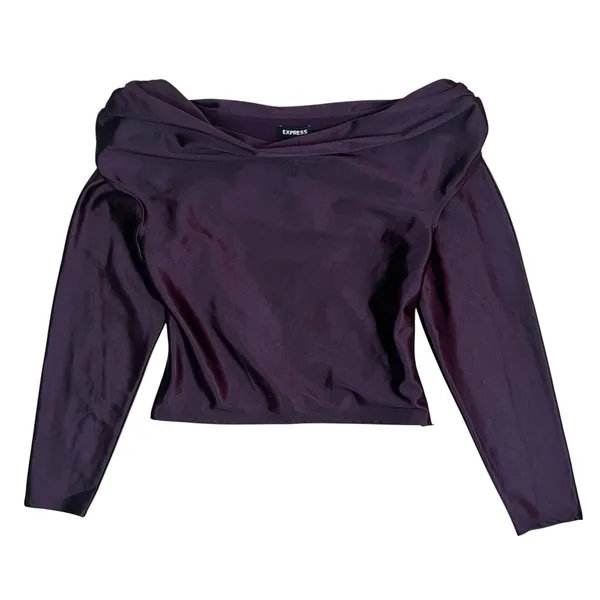 NWT Express Purple Satin Draped Off The Shoulder Long Sleeve Top Blouse Size XS - Image 2