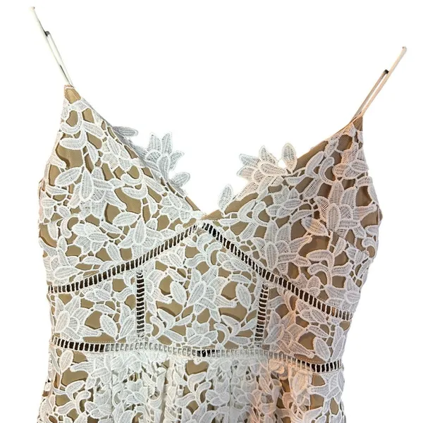 L'ATISTE White Guipure Lace Mini Dress S Bridal Shower Bachelorette Nude Lining - Image 2