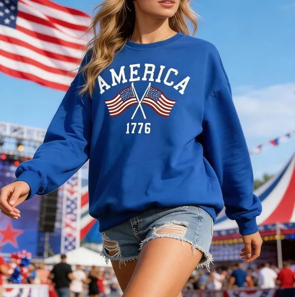 American Sweatshirt Women USA Oversized Shirt Patriotic TShirt Casual Long Sleeve Pullover 4th of July Tee Tops - Image 2