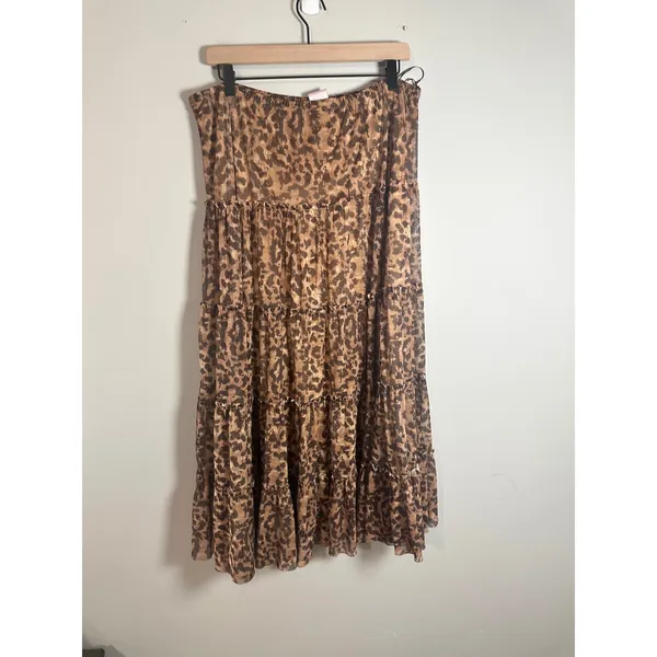 Metro Wear Leopard Print Tiered Maxi Skirt Brown Mesh Ruffle Boho Y2K Large - Image 4