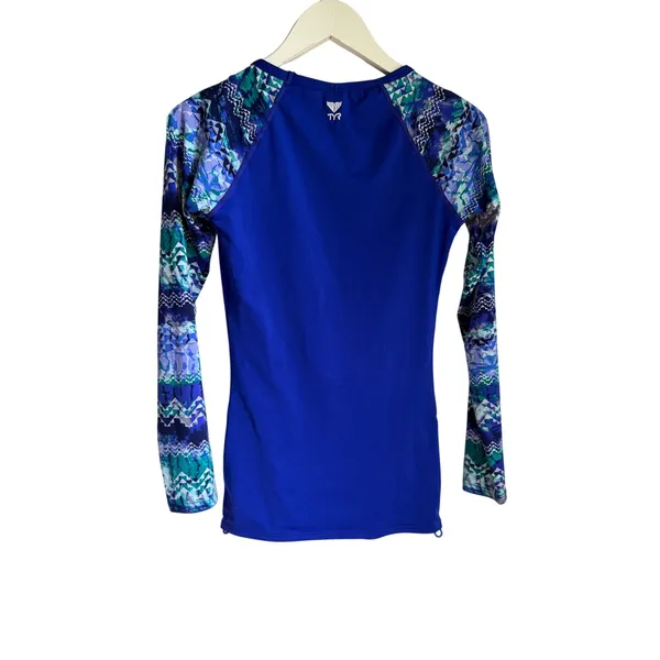 TYR Long Sleeve Rash Guard Swim Top Blue Geometric Print | UPF Sun | Est. Small - Image 9