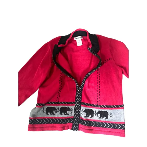 Timberlea Women's Red Black‎ Bear Motif Cardigan Sweater XL - Image 6