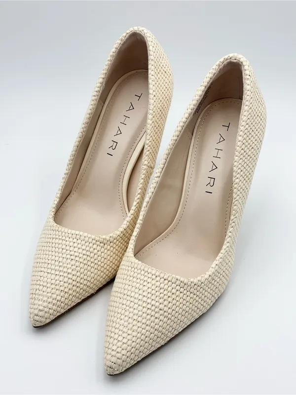 Tahari Cream NIAGRA Vegan Leather 3.75” Woven Upper Stiletto Heels - Image 4