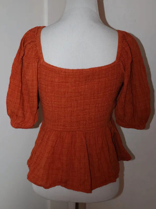 Boho Gauzy Square Neck Puff Sleeve Top Rust Small Orange - Image 3