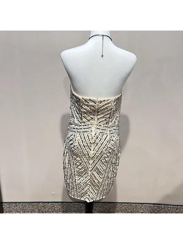 Temperance Dress M Beaded Sequin Strapless Cream Y2K Pom Bride Wedding Cocktail - Image 2