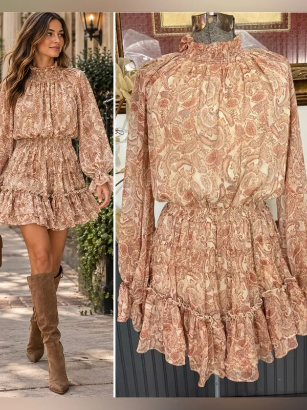 FATE Paisley Smocked Ruffle Neck Balloon Sleeve Flounce Mini Dress Sz S🧡🍄 - Image 2
