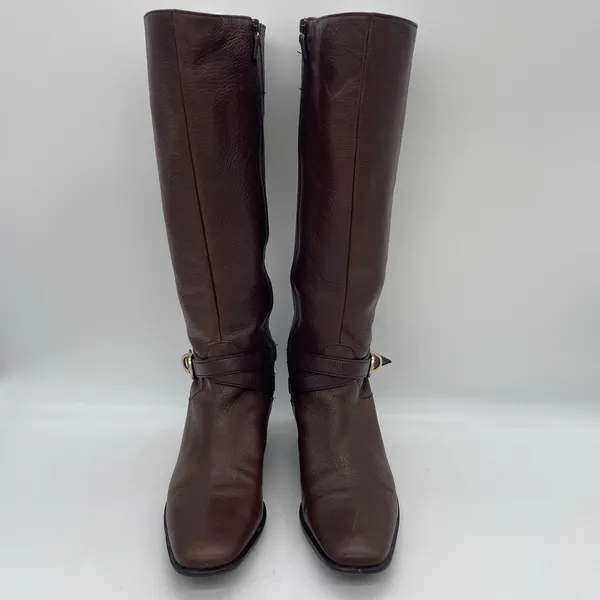 Talbots Womens 7AA Riding Boots Tall Brown Pebbled‎ Leather Gold Buckle Full Zip - Image 3
