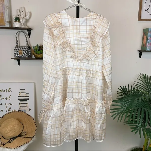 En Saison Plaid Organza Mini Dress in Natural Checker Size Small - Image 3