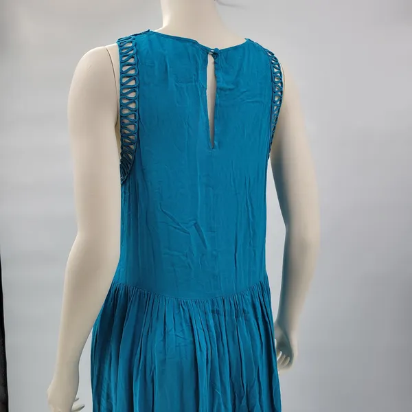 Anthropologie x Mermaid Macrame Maxi Dress M Blue Rayon Flowy Coastal Vacation - Image 9