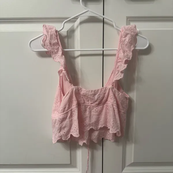 ZARA Pink Eyelet Ruffle Tie Front Crop Blouse Top small - Image 2