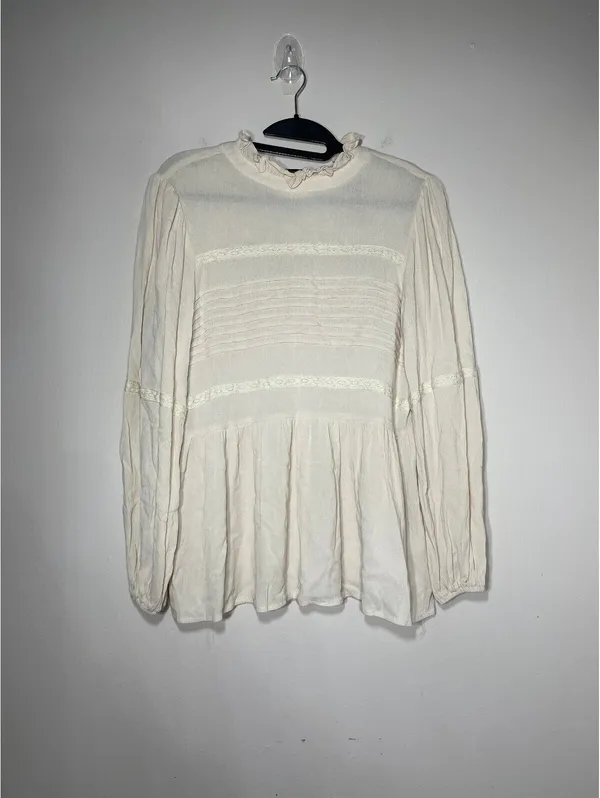 Polagram Cream Pintuck Lace Blouse Cottagecore Boho Ruffle S - Image 2