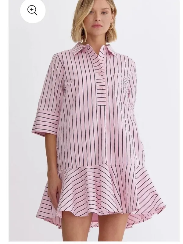 Entro Pink White and Navy Parker Striped Ruffle-Hem Mini Shirt Dress Size S - Image 12
