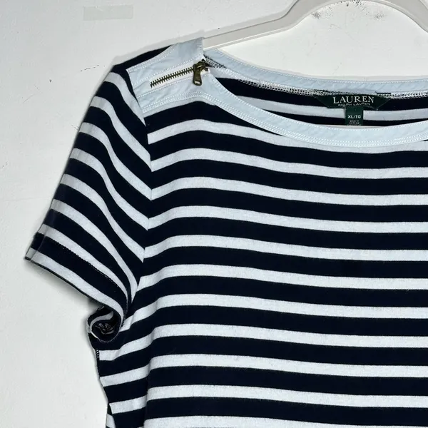 Lauren Ralph‎ Lauren Womens XL Navy Blue White Striped Boat Neck Zipper Top - Image 6