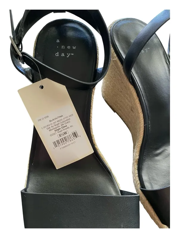 A New Day Black Espadrille Wedge Sandals 8.5W Wide Width Coastal Ankle Strap - Image 5
