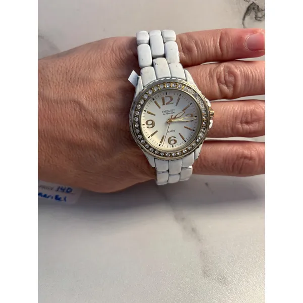 Embassy by Gruen White Enamel Crystal Bezel Quartz Watch Gold Tone Accents - Image 2