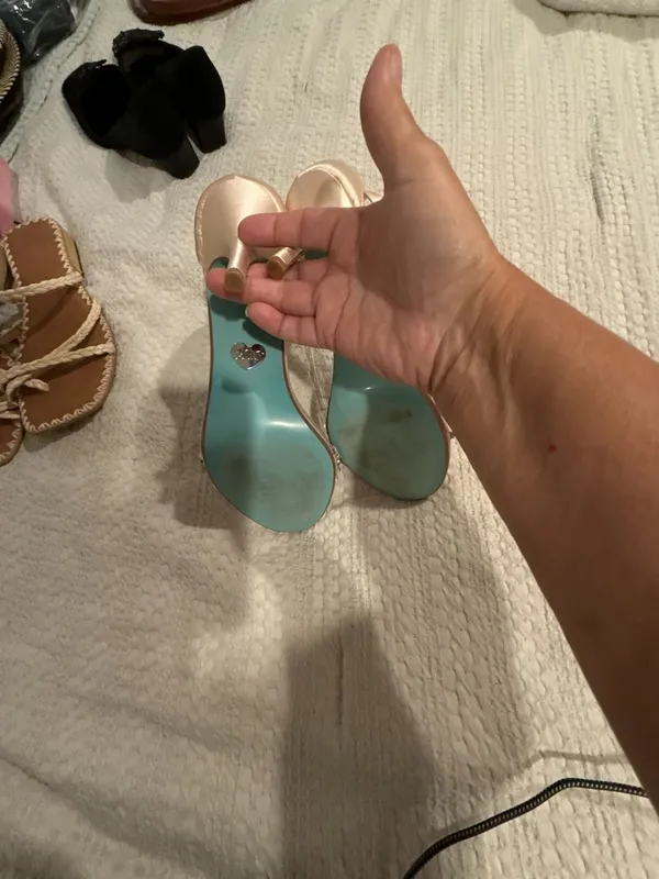 Blue by Betsey Johnson Gina Champagne Satin Rhinestone Ankle Strap Heels - Image 11