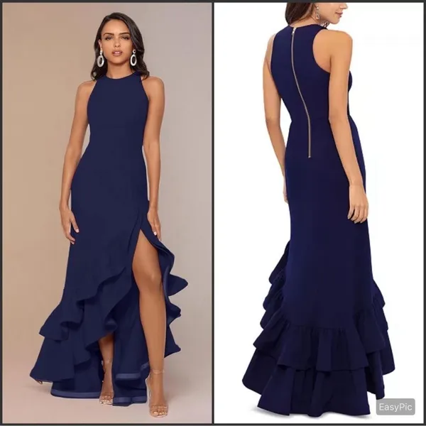 NWT Betsy & Adam Arielle Blue Size 2 Ruffle Hem Halter Gown Dress - Image 2