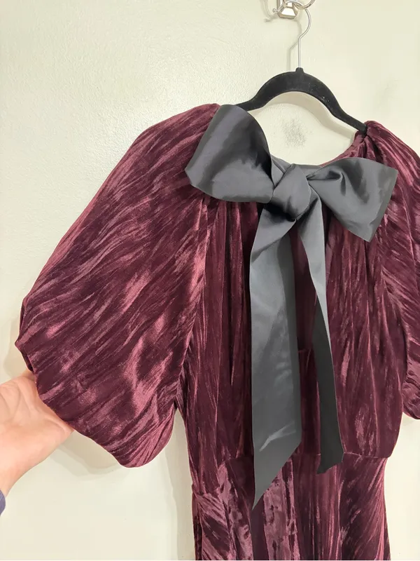 NEW H&M Velvet Balloon Sleeve Ribbon Bow Back Mini Dress in Burgundy - Size M - Image 6