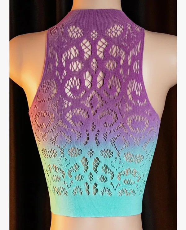 Aqua Blue & Purple Ombré Fishnet Two Piece Lingerie Skirt Set - Image 4