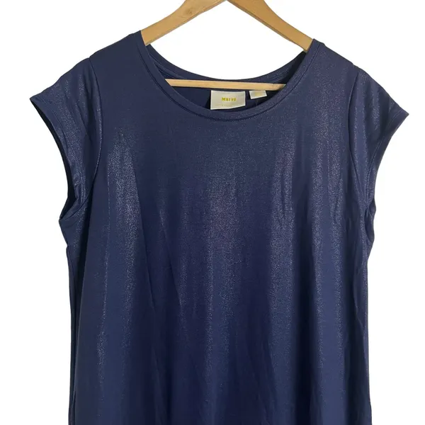 Maeve Anthropologie Ismene Navy Blue Metallic Cap Sleeve Drop Waist Midi Dress L - Image 4