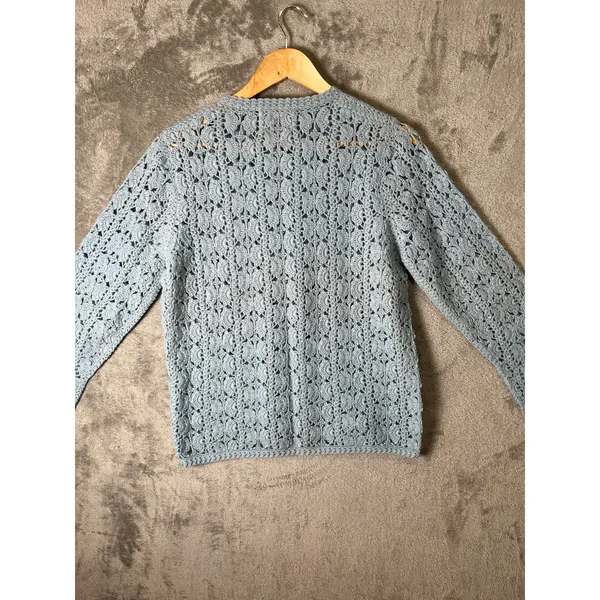Vintage Hand Crocheted Wool Cardigan Blue Cottagecore Boho‎ Grannycore Dainty LG - Image 7