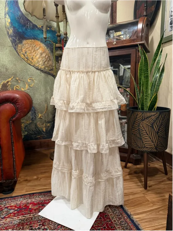 SHEIN Boho Tiered Maxi Skirt Large Tan Cream Striped Cottagecore Coastal Ruffle - Image 4