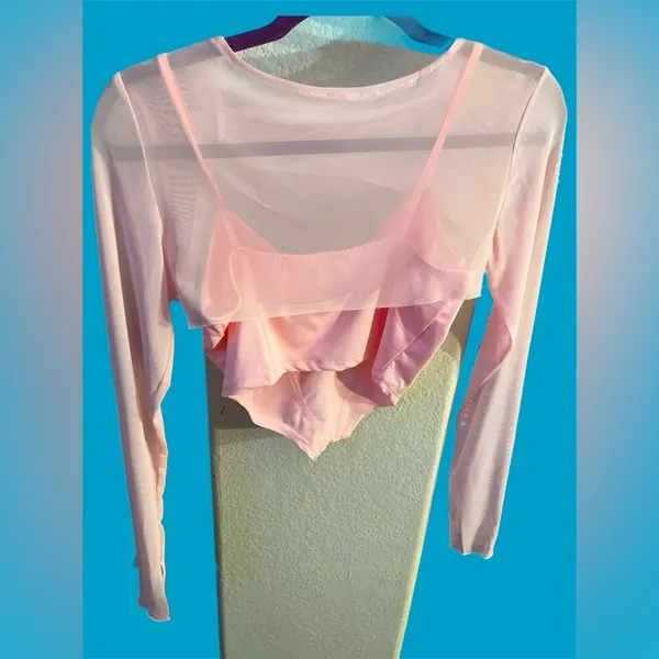 Pink Cut-Out Meladyan Women’s Sexy Long Sleeve Mesh Cover Corset Cami 2piece Top - Image 5