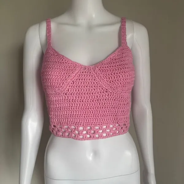 Crotchet Lace Up Boho Festival Summer Sleeveless Crop Top Pink NWT - Image 2
