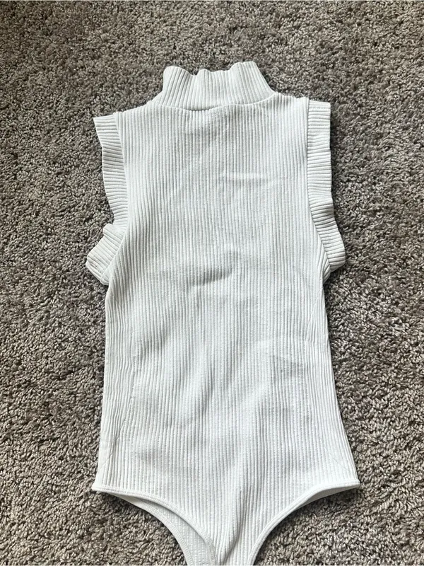 Sleeveless Ribbed Mock Neck One-Piece Bodysuit – White - Image 2