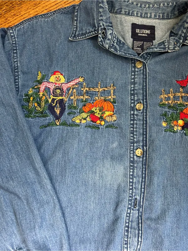 VTG 90’s Solution Originals Embroidered Fall Scene Denim Button Up Shirt Size L - Image 15