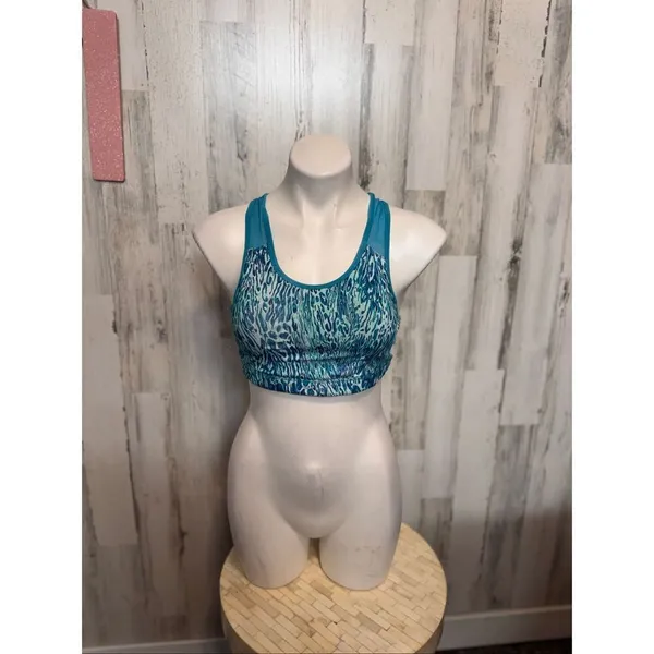 Blue Teal Cheetah Animal Print Sports Bra Womens Medium Racerback Mesh Cutout - Image 4